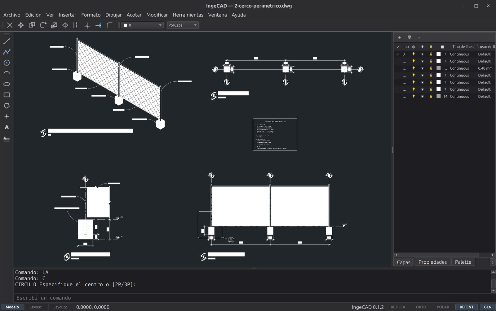 La ventana de comandos de IngeCAD con el historial de comandos escritos y el aviso CIRCULO Especifique el centro