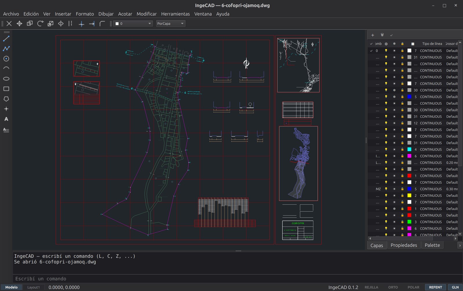 IngeCAD con un plano catastral de COFOPRI abierto: planta, recuadros de detalle, cuadros de datos y el administrador de capas